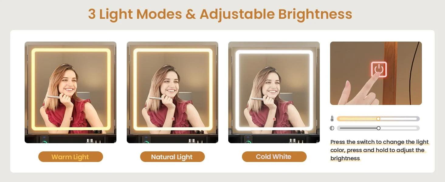 Corner Makeup Vanity with Tri-Fold Mirror and Cushioned Storage Stool Black