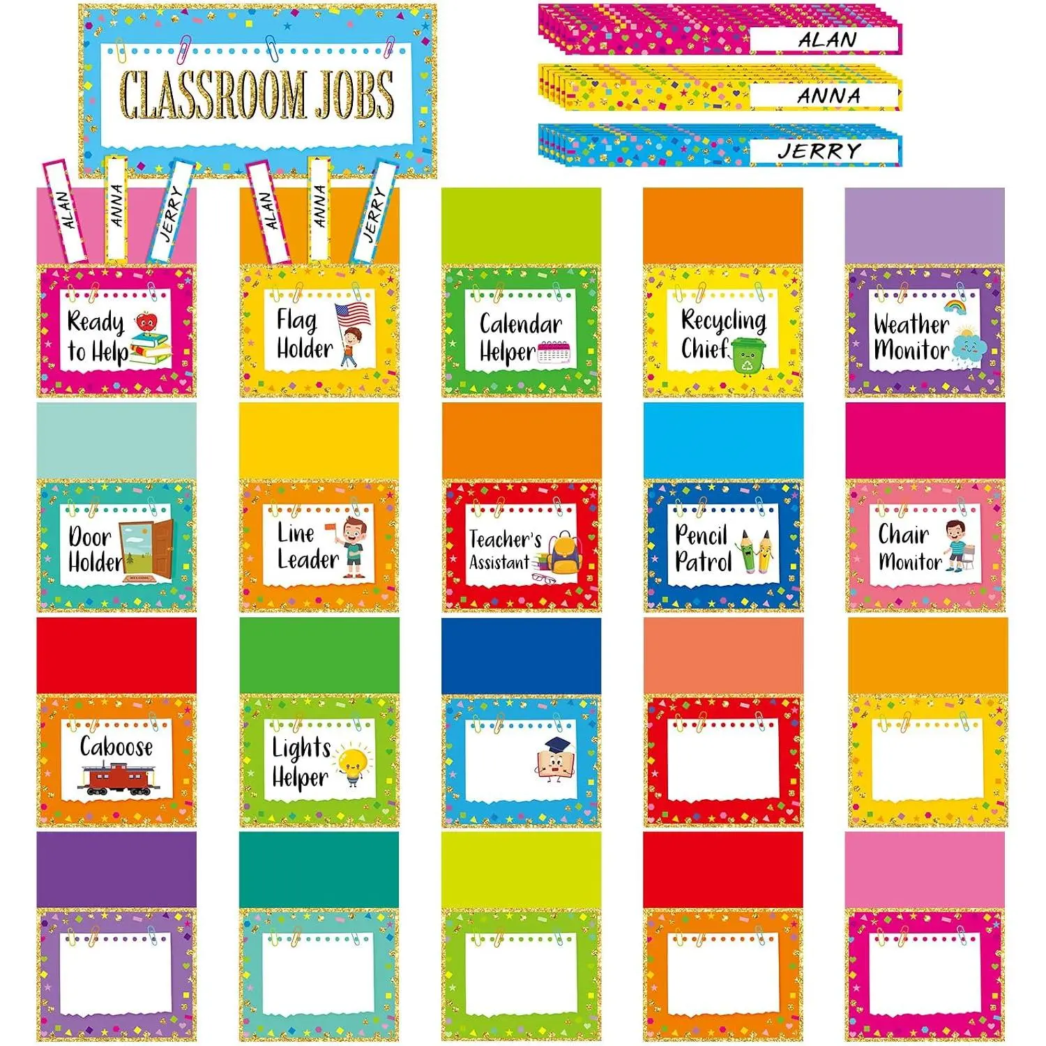 81 count  to School Colorful Class Jobs Bulletin Board Set | Pocket Chart, with Name Tags, Colorful, Glue Point, Cardstock with Film, Teacher, Student, Classroom Organization, Decor