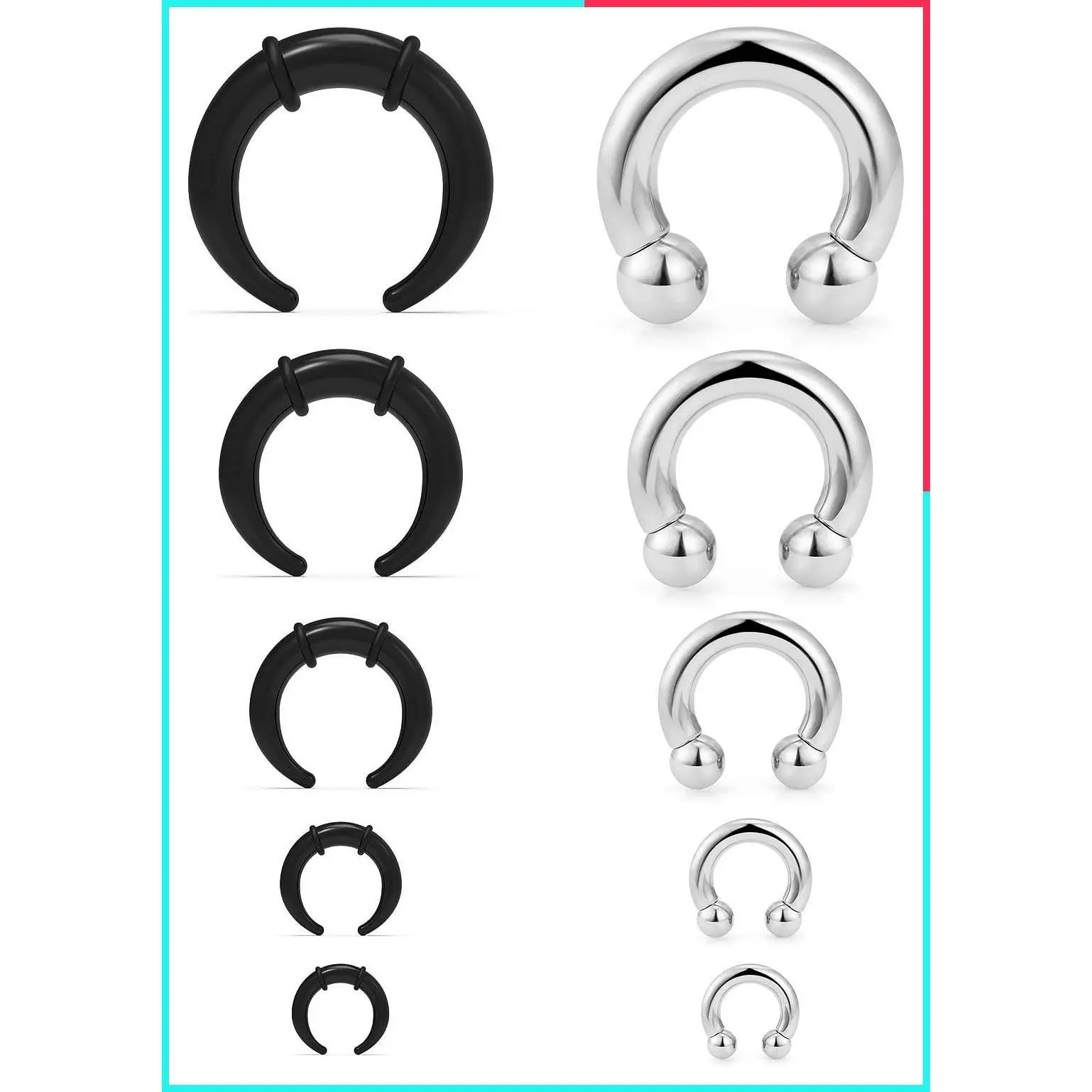 14G-4G Septum Stretching Kit, Surgical Steel Acrylic Pincher Tapers, C-Shape Buffalo Expander with Black O-Rings for Nose Ear Cartilage Piercing, 10Pcs for Women Men