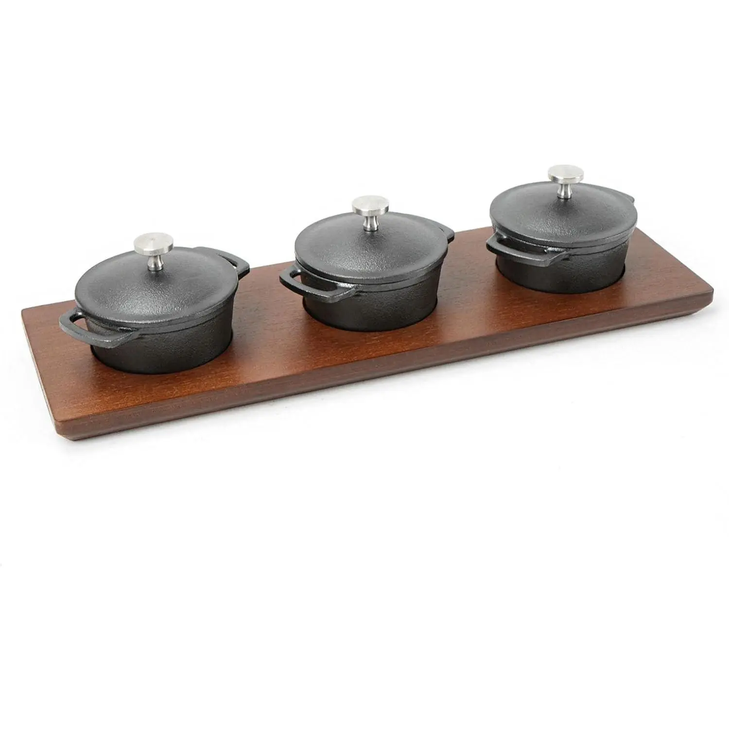 HAWOK Mini Cast Iron Cocottes, Dia 3 inch, 4 oz. Set of 3 PCS, Mini Dutch Oven, with Wooden Tray, 7-Piece, Appetizer/Dessert Sampler, Pre-seasoned