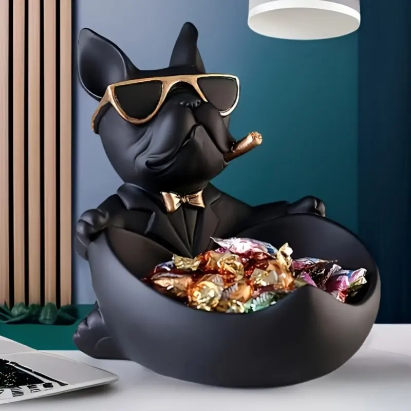 1Pcs Large French Bichon Frise Statue Resin Sculptures Decorative Storage Organizer, with Glasses and Keychain, Animal Theme Candy Holder for Home Office, Resin Animal Figurines