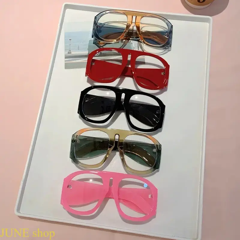 Unisex Oversized Full Rim Statement Eyewear - 2-Tone Contrast Light Tea Blue Frame, Blue Light Blocking Flat Lenses, European-American Style, Universal Size, Non-Prescription Stylish Trendy Eyewear for Office Screens, Casual Use, Blue Light Blocking Lens