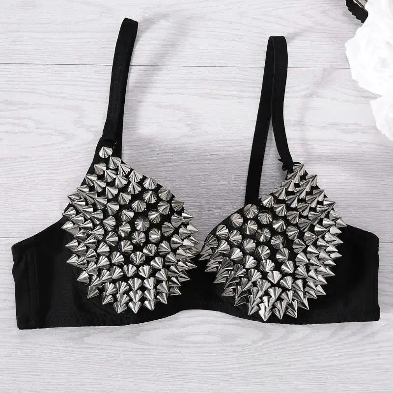 Women's Steampunk Bra Top, Studded Spike Detail Wireless Fashion Crop Top, Gothic Punk Style Clubwear Outfit for Party, Festival, Cosplay, Halloween Costume and Night Out Looks summerwins