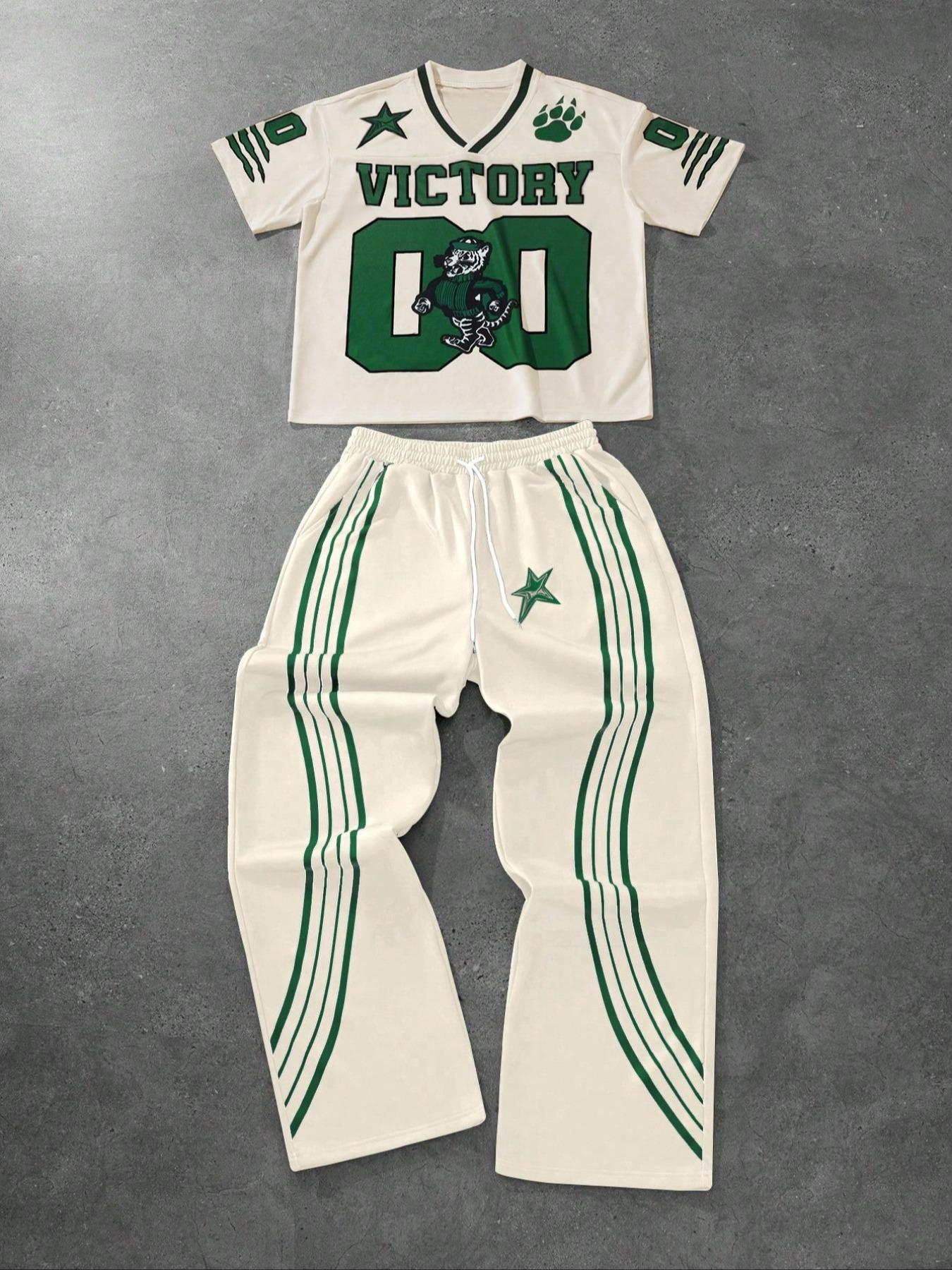 Men's Tiger Print Drop Shoulder Tee & Striped Print Trouser  Two-piece Set, Regular Fit Casual Fashion Cozy Breathable Two Piece Outfits for Daily Outdoor Wear, Men Clothes for All Seasons