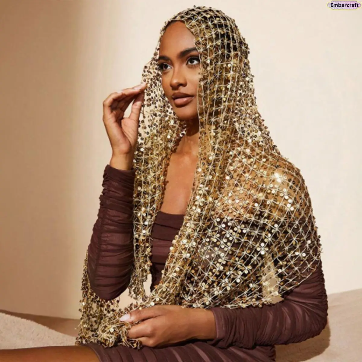 Boho Style Shawl for Women, Lightweight Open Knit Coastal Cowgirl Fashion Wrap with Glamorous Sequin Fringe for Music Concert Wear, Lightweight Shawl