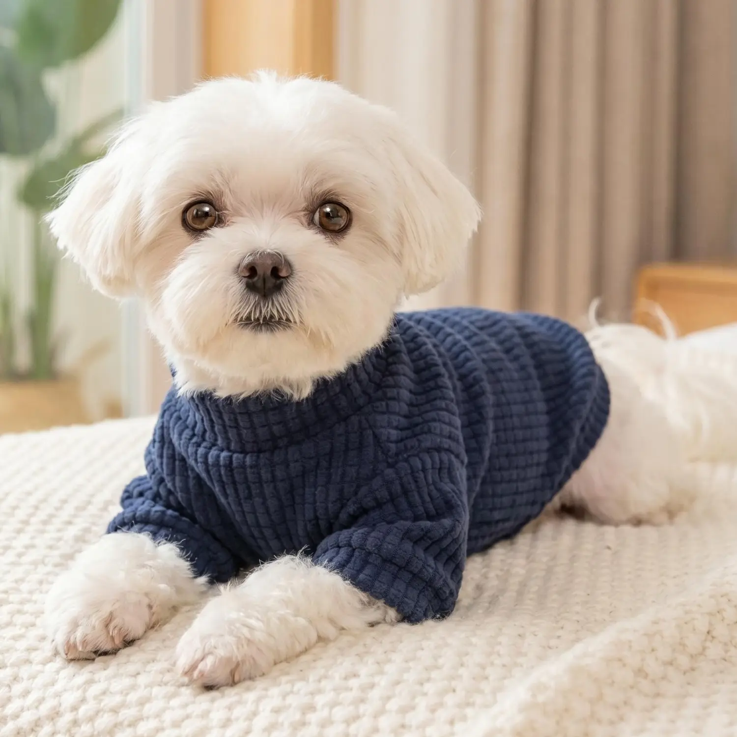 1PC Waffle Grid Texture Dog Sweater Puppy Sweater With Cartoon Dog Embroidery Pet Clothes For Small Medium Dogs Chihuahua Poodle Pet Clothing