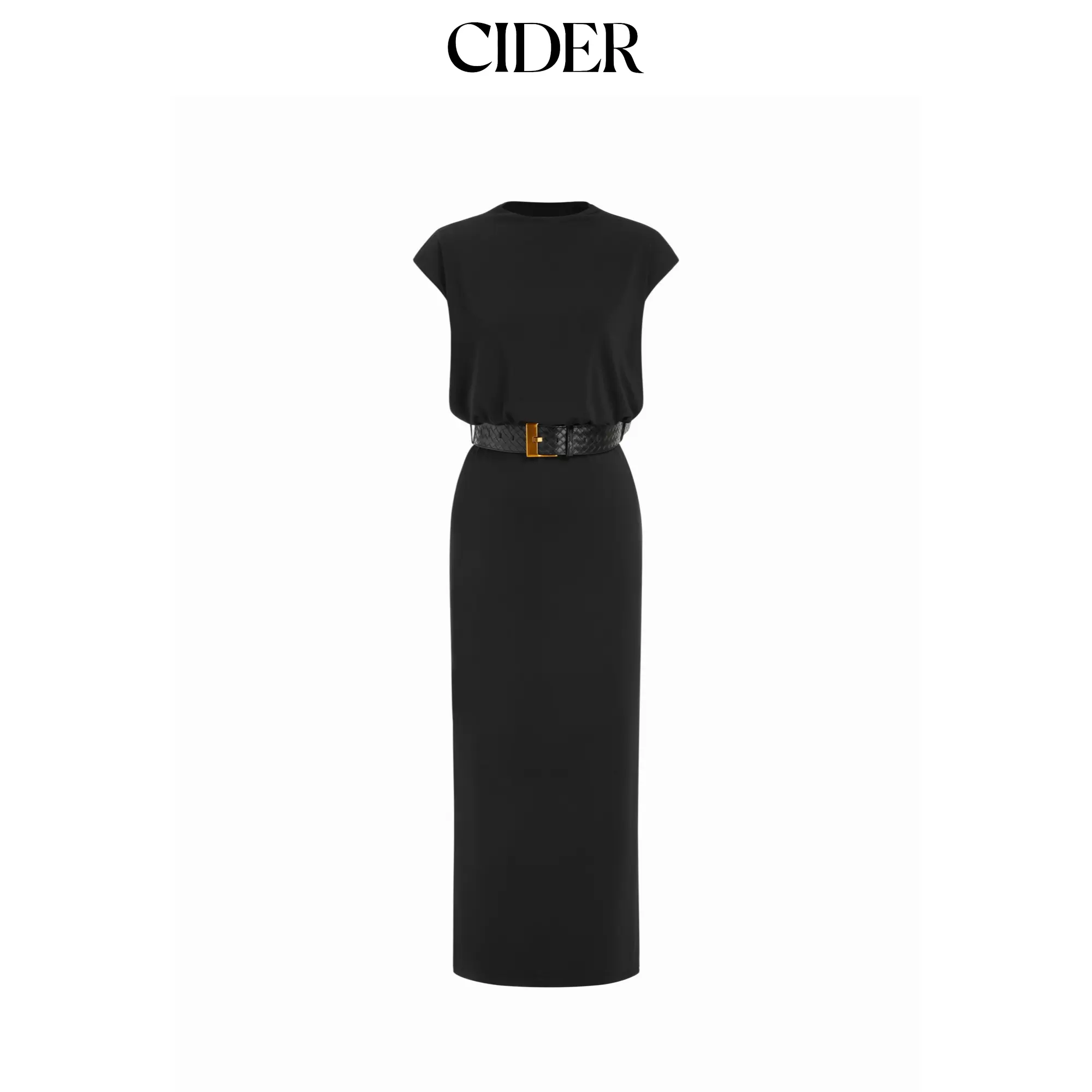 Cider Women's Round Neckline Split Straight Maxi Dress With Belt