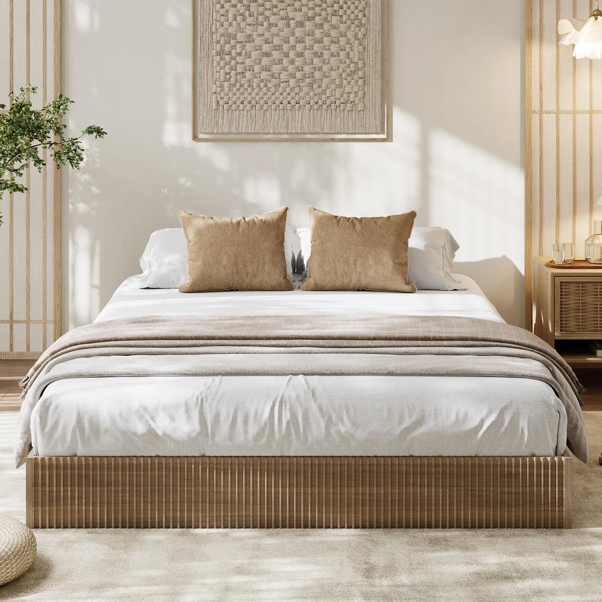 Garvee - Wooden Bed Frame, Wooden Platform with Striped Design, Double Bed Frame with Study Support, Easy Assembly, No Box Spring Needed, Noise-Free, Walnut
