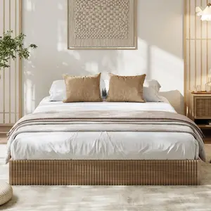 Garvee - Wooden Bed Frame, Wooden Platform with Striped Design, Double Bed Frame with Study Support, Easy Assembly, No Box Spring Needed, Noise-Free, Walnut