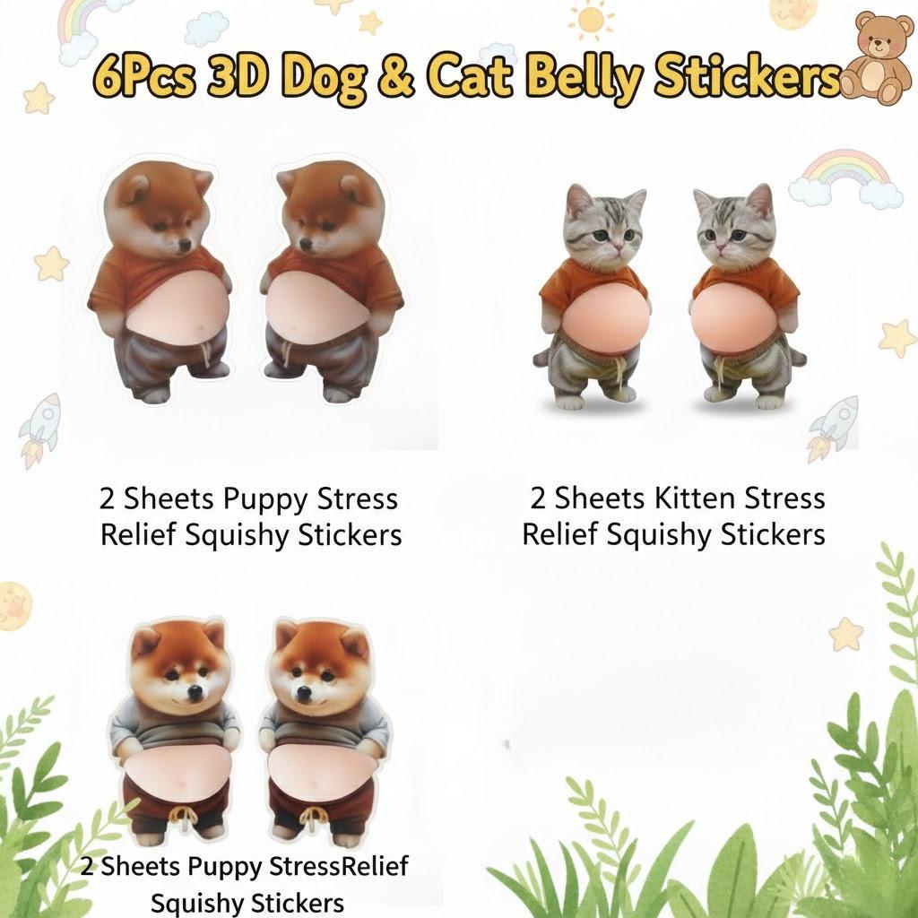 6Pcs 3D Dog & Cat Belly Mochi Squishy Stickers, Stress Relief Fidget, Cute Squeeze Toys for Kids Party Favors, Classroom Gifts, School Rewards, Fun  Gift for Adults & Kids, Silicone Puffy Car Door & Wall Buffers