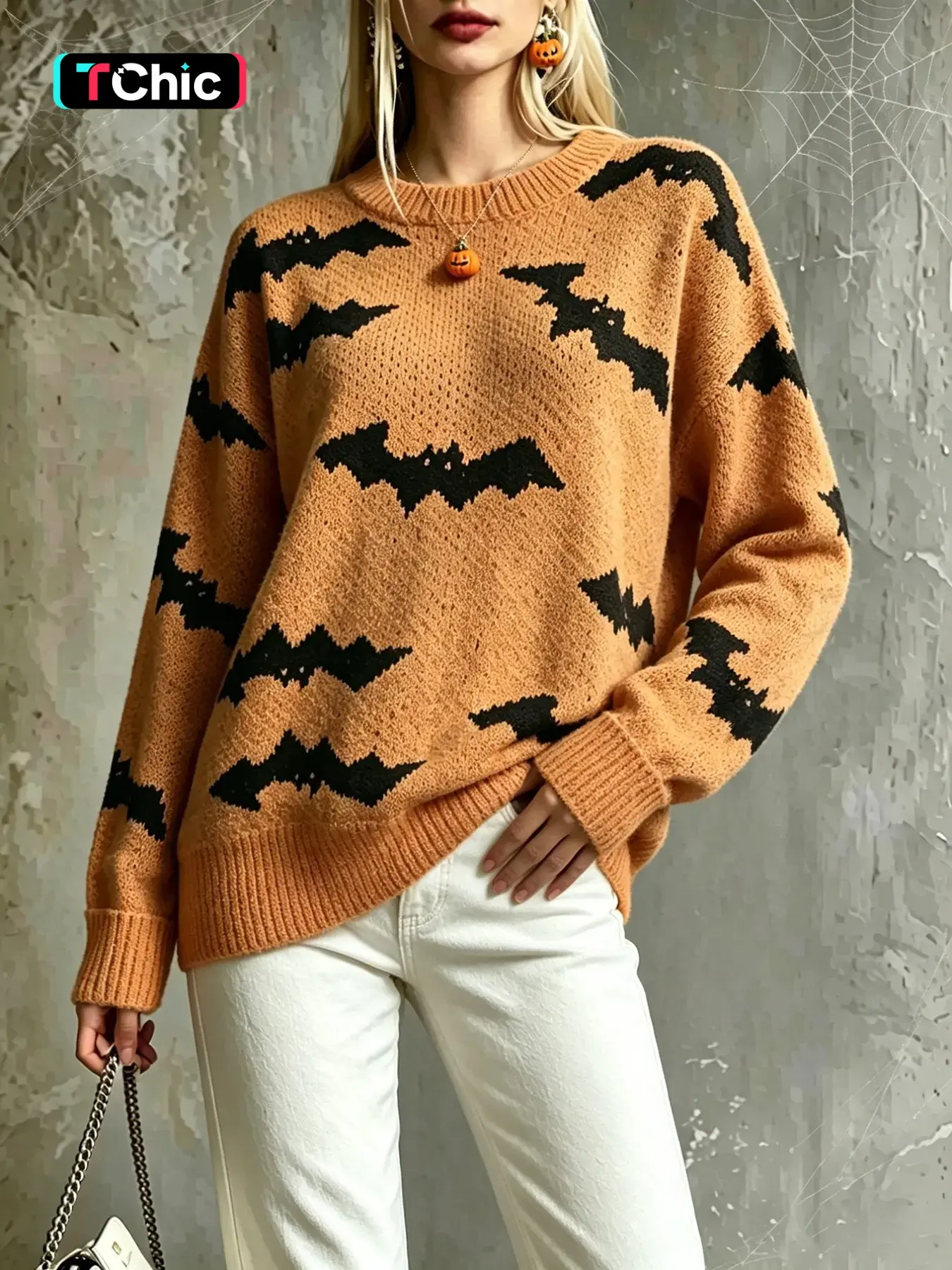 Women's Fall/Winter Round Neck Bat Jacquard Loose Lazy Casual Knit Long Sleeve Pullover Top – Halloween Party, Carnival, Photoshoot, Outing Versatile Basic