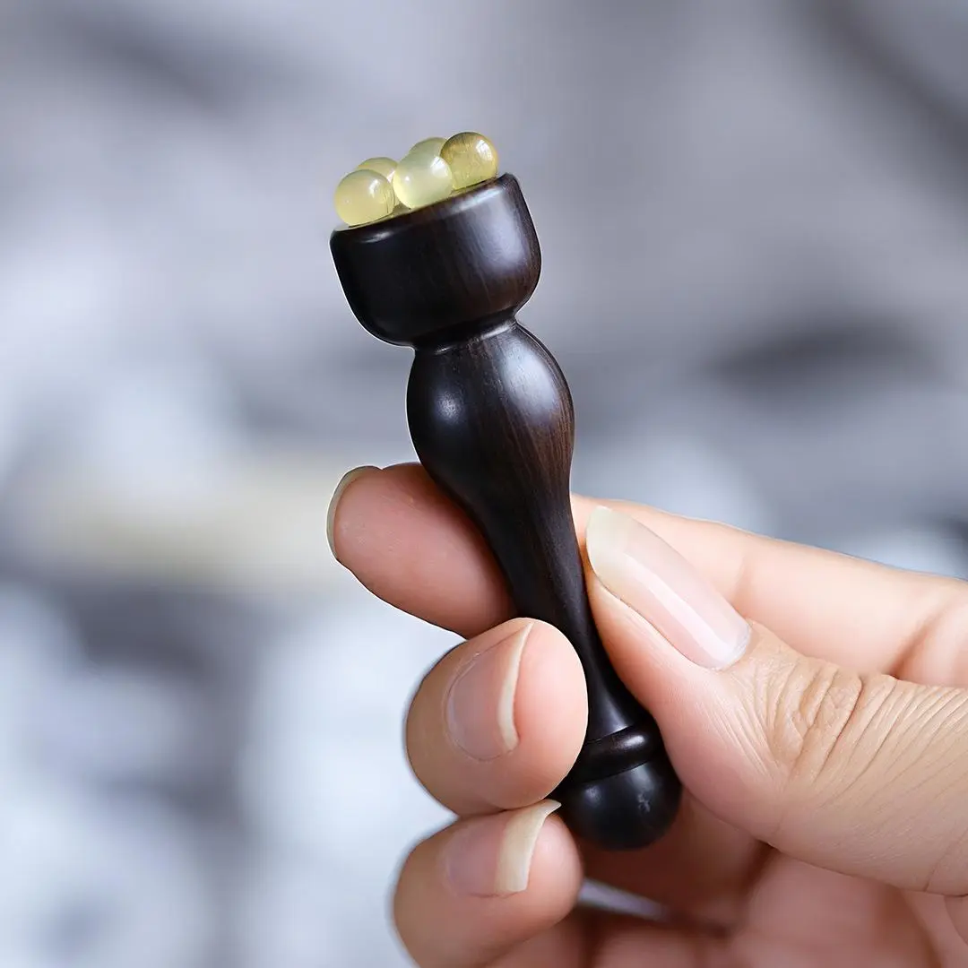 Ebony Wood Jade Bead Facial Massage Roller Wand Portable Mini Eye Face Lymphatic Drainage Massager Tool for Skin Care