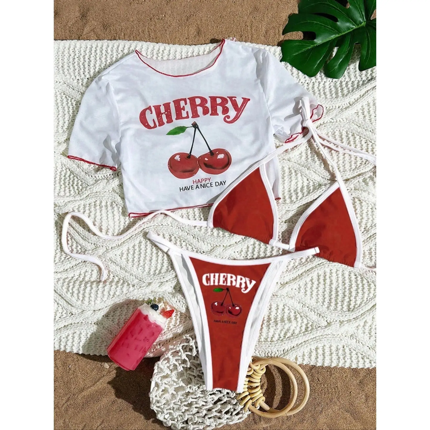 Women's Cartoon Cherry Print Short-Sleeve 2-Piece Bikini Set, Drop-Waist Fitted Bathing Suit for Summer Beach Use