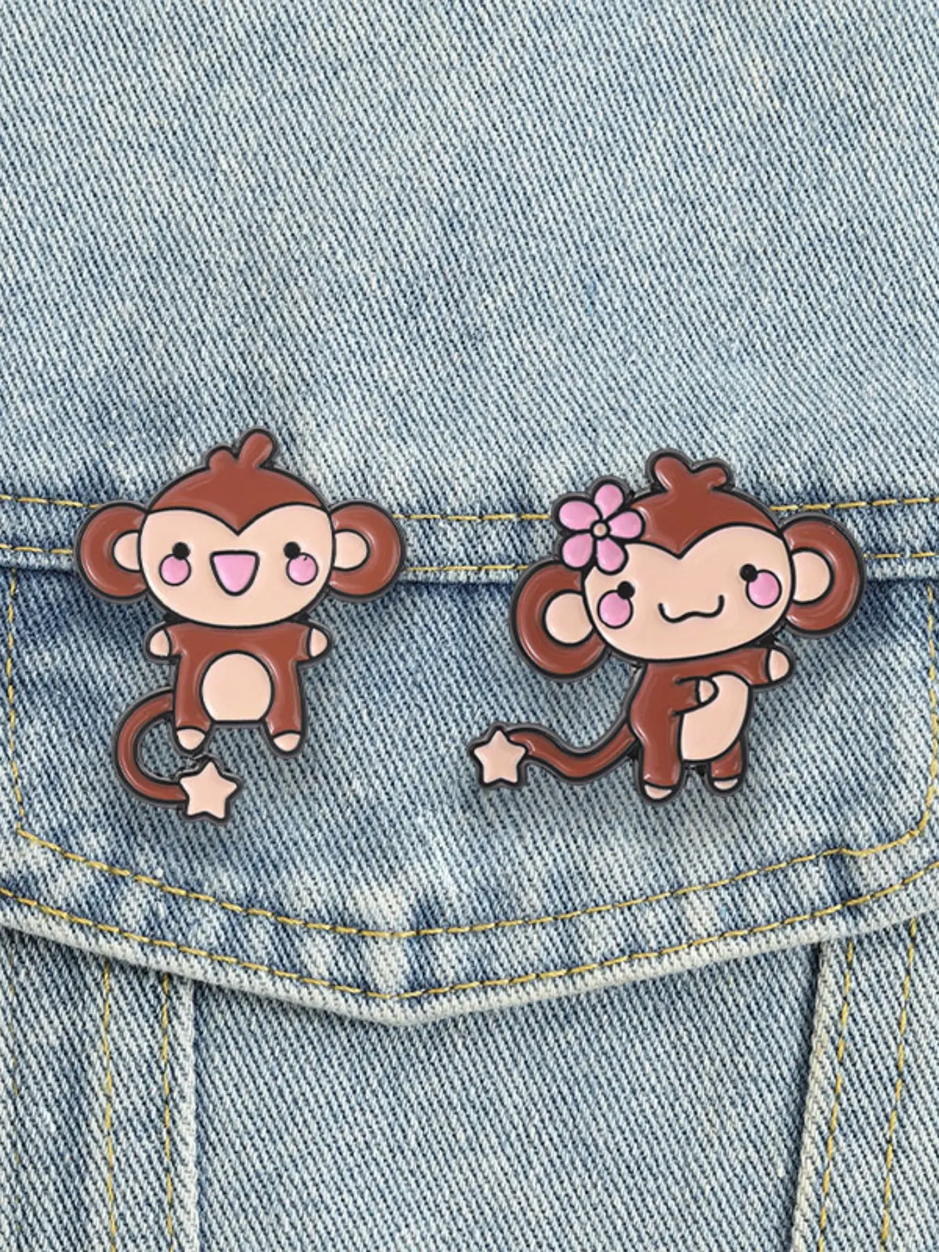 2PCS Cartoon Couple Female Monkey With Pink Flower Design Brooch Set, Cute Enamel Pin Brooch Pins Suitable for Backpacks, Jeans, Scarves, Hats Decoration, Trendy All-match & Exquisite Brooch  for Best Friends Couples Backpack Jacket Decoration Gift