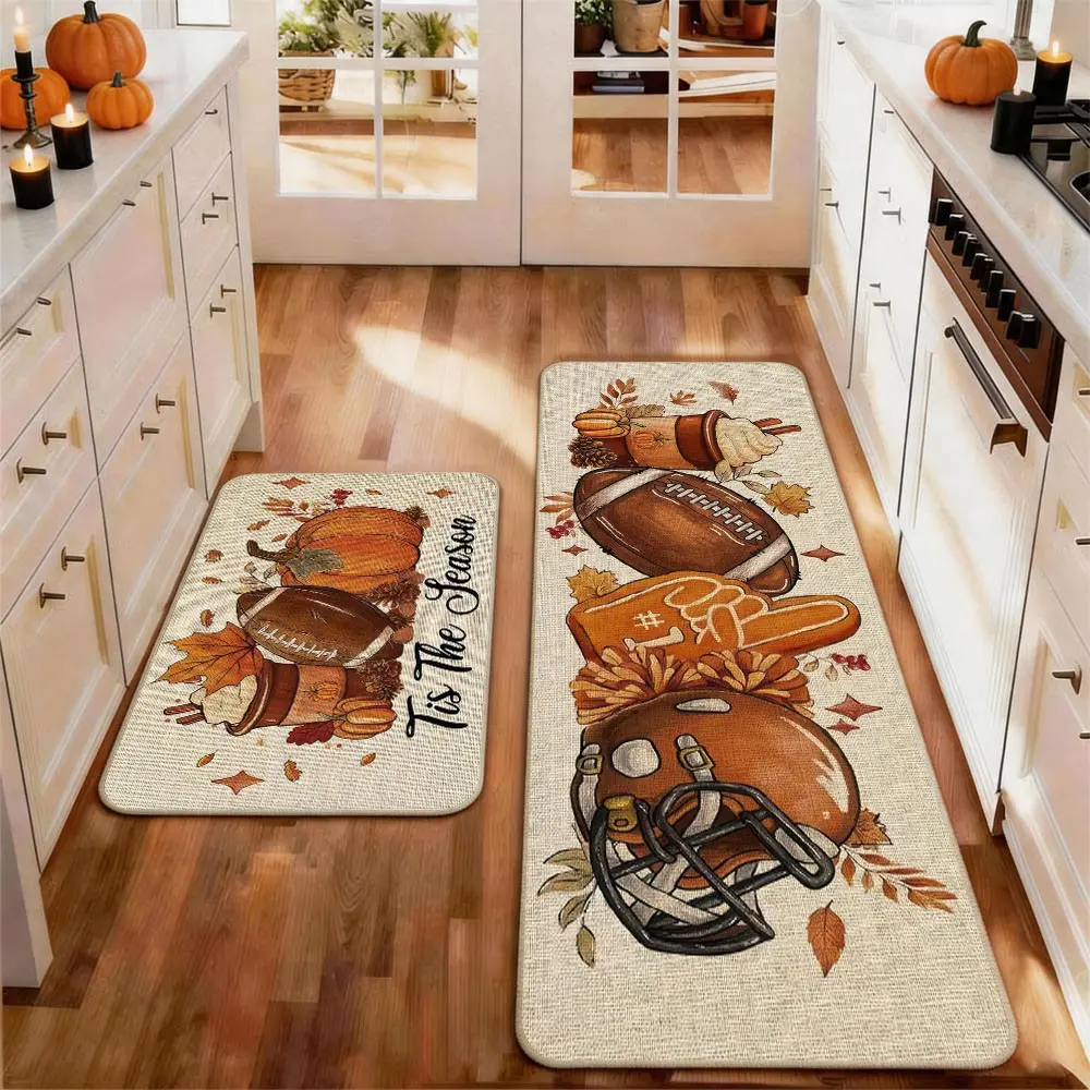 2pcs Thanksgiving Fall Kitchen Mat Gug Set with Pumpkin Maple leaves Pattern, Non-Slip Soft Low Profile,Floor Mat Set Farmhouse Kitchen Rug Dining Room Flooring Laundry Room Decor Carpet Mat, Decorative Rug Mat, Rugs for Kitchen