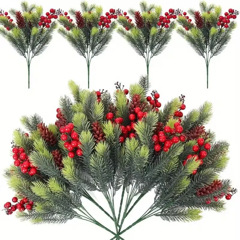 8pcs Artificial Christmas Pine Branches with Berries, Fake Evergreen Pine Sprigs, DIY Holiday Decor for Xmas, Hanukkah, Thanksgiving