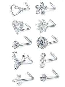 Unisex Elegant Rhinestone Decor Nose Studs, 10pcs/set L Shaped Heart & Flower & Deer Design Nose Piercing Jewelry for Women & Men, Trendy All-match  Exquisite Body Jewelry As Birthday Gift