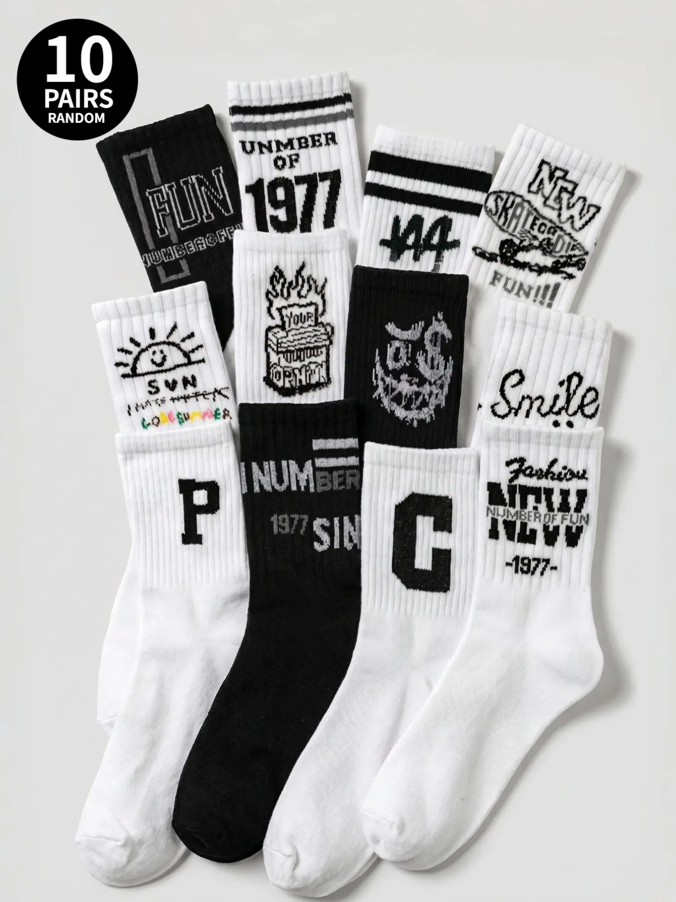 10-pair pack (random styles) Y2K retro street-style mid-calf socks with fun lettering print; skate and hip-hop style; unisex; summer and autumn