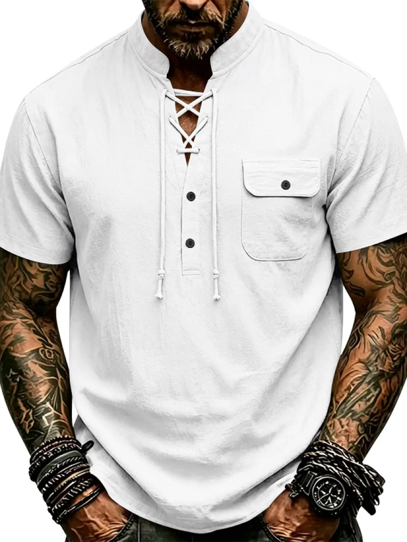 Men's Summer Vintage Loose Fit Linen Shirt, Drawstring Design, Half Open Front, Chest Strap, Henley Short Sleeve, Casual Wear