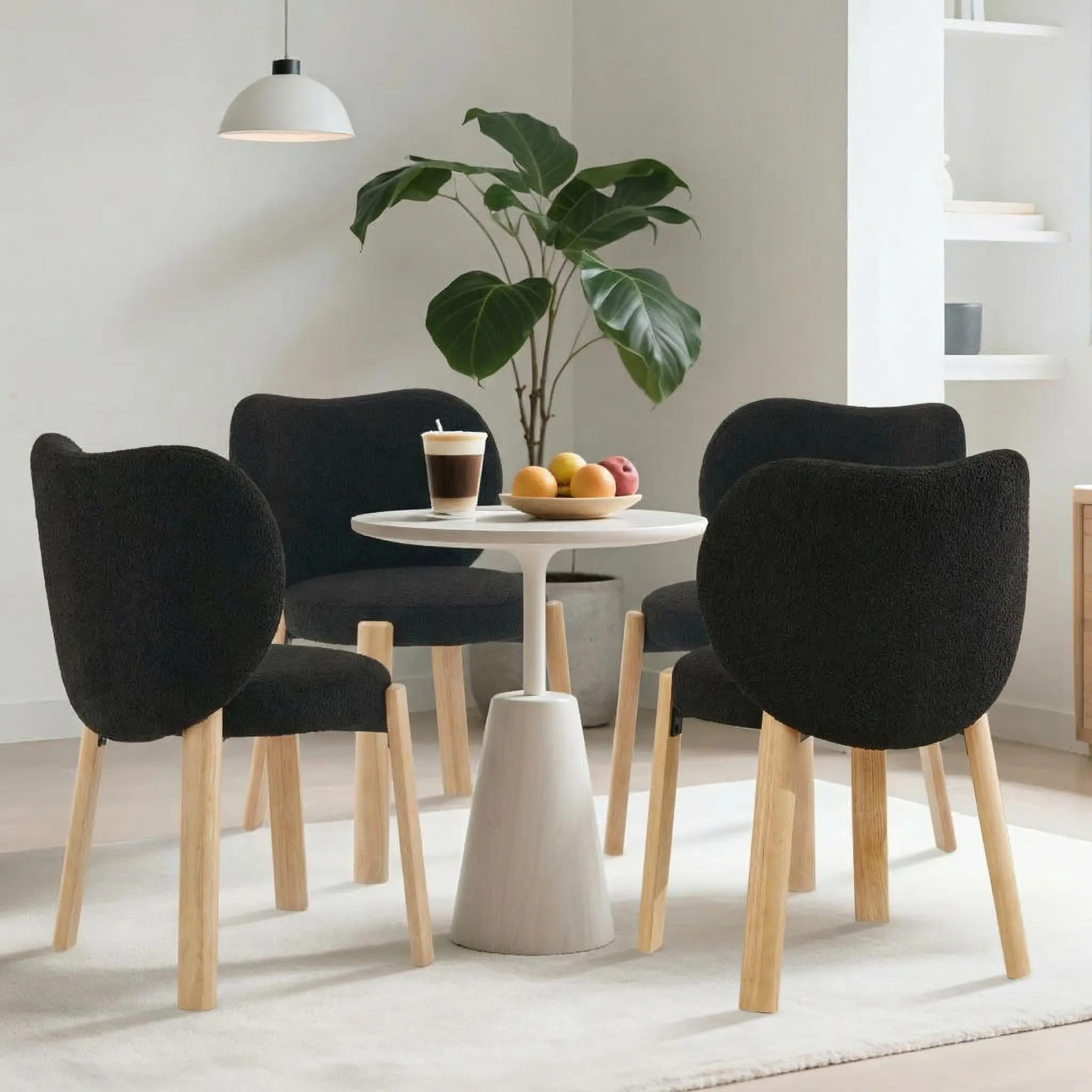 Set of 4 Modern Vanity Chair with Love Backrest, Teddy Fabric Makeup Stool for Bedroom, Dressing Table, Home Office & Living Room, Ergonomic with Solid Wood Legs & Soft Foam Seat