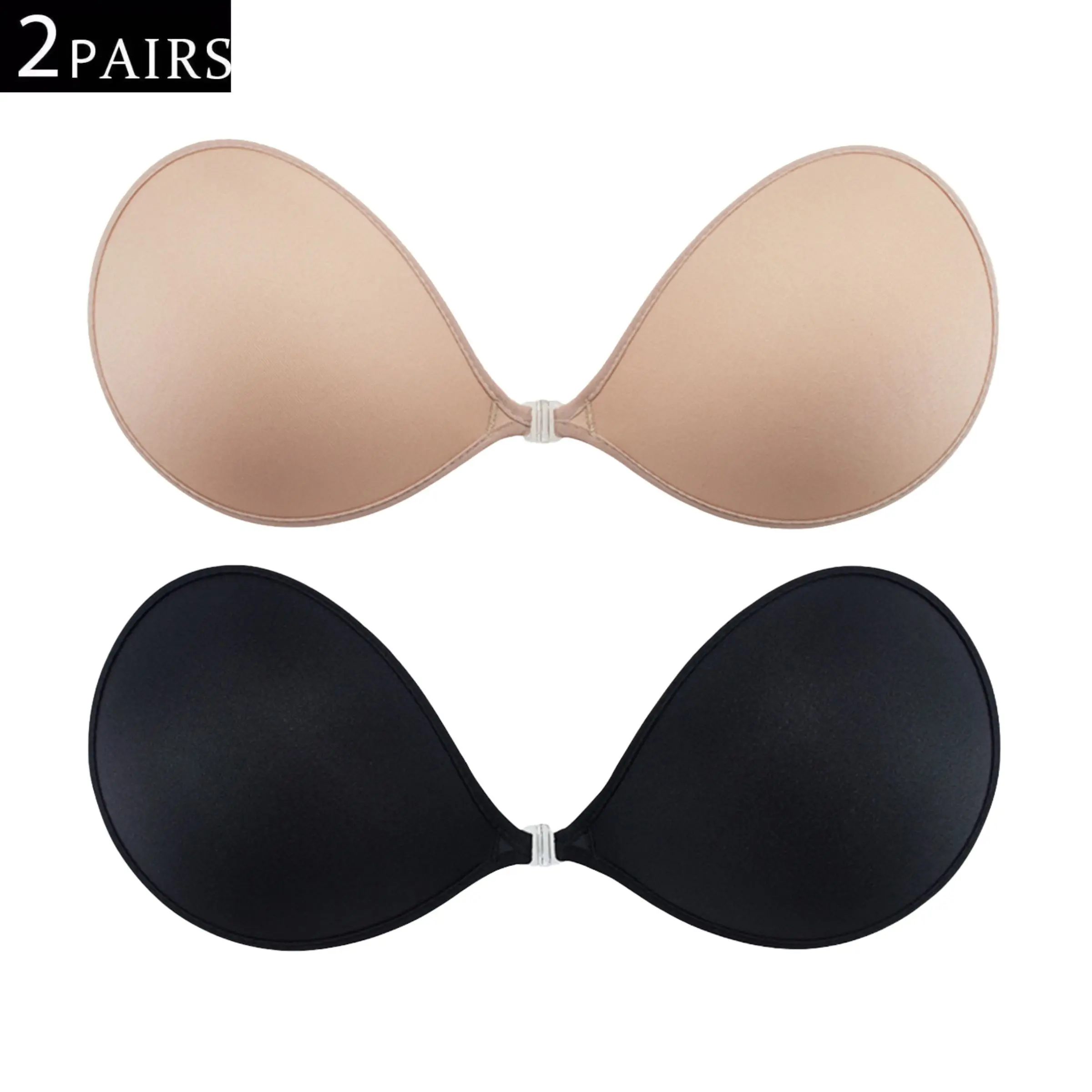 2 PAIRS Teardrop Shape Front Buckle Push-Up Adhesive Bra, Smooth Seamless Invisible Strapless Pasties, Anti-Slip Bust Lifter Black & Nude Two Color Set For Wedding & Daily Outfits Underwear