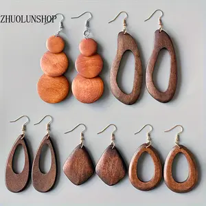 Handcrafted Natural Wooden Hollow Out Geometric Dangle Drop Earrings Boho Style Fashion Jewelry For Women Teen Girls Daily Styling, Viral Cottagecore Earthy Neutral Boho Aesthetic Ear Staples, Ultra Lightweight Unique Hollow Cut Wood Ear Ornaments, Versat