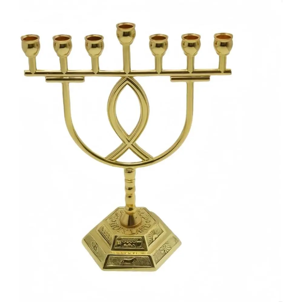 Golden 7-Branch Hanukkah Menorah Candle Holder - Jewish Holiday Party Tabletop Centerpiece Table Decor, Jerusalem Candlestick Home Ornament Display With Golden Branches