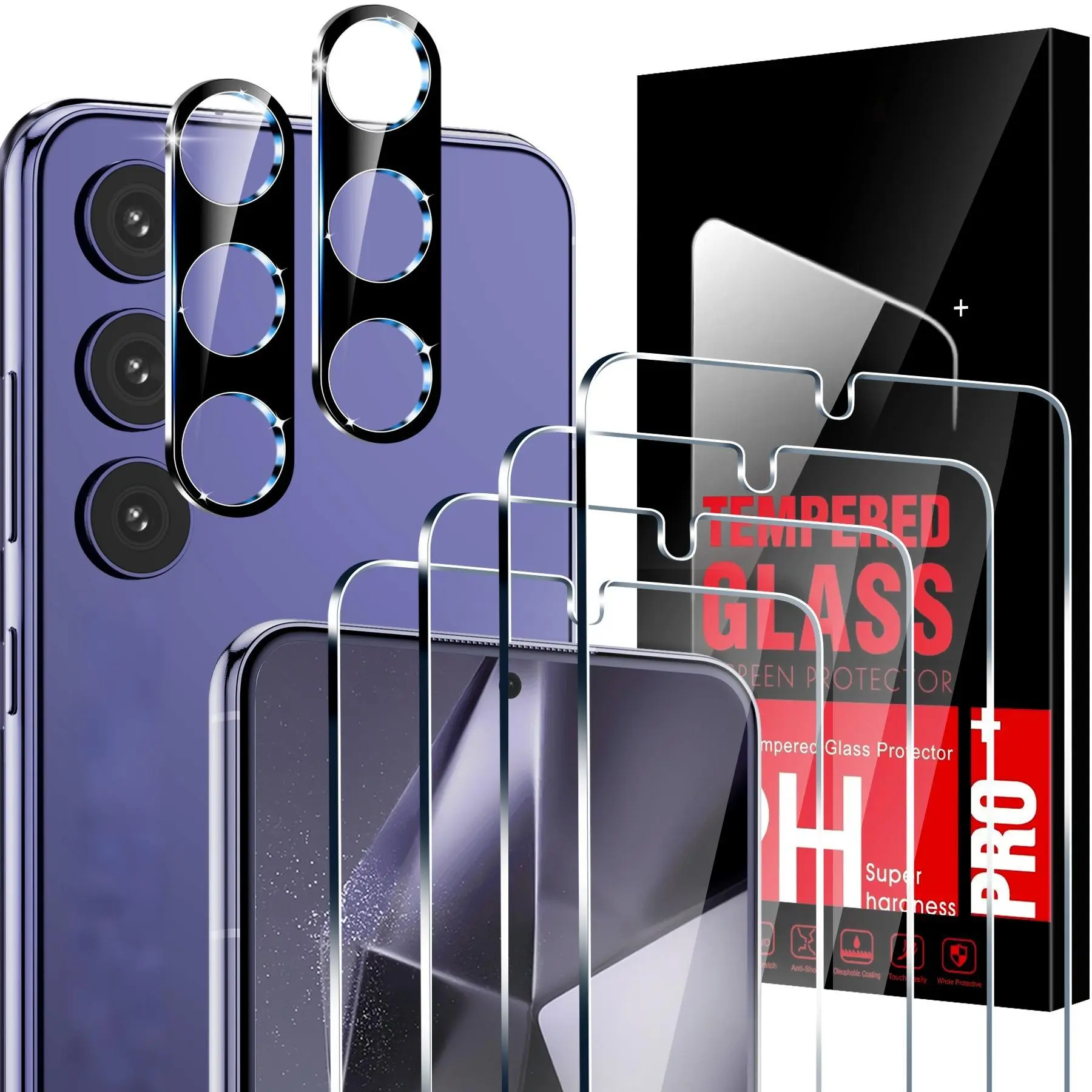 4-Pack Privacy Tempered Glass Screen Protectors + 2-Pack Camera Lens Protectors for Samsung Galaxy S24 Plus (Galaxy Series), 9H Drop-Resistant, Scratch-Resistant, Anti-Fingerprint, HD Clarity, Fingerprint ID Compatible