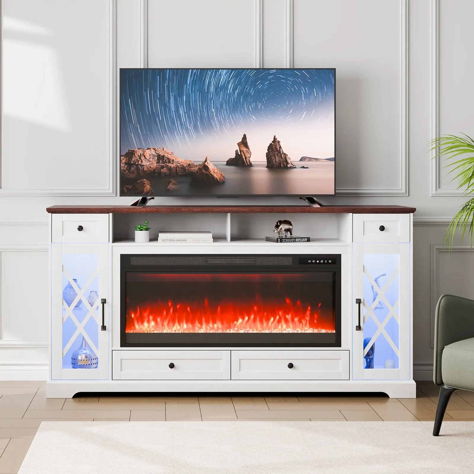 【Summerfinds】VEVOR 80in Wood Fireplace TV Stand Entertainment Center - 42in 1400W Corner Media Storage with 20 LED Lights, Remote Control, Timer, Drawers, Cabinets, Tempered Glass Charging Station, 161.16 lbs Pastoral Brown+White Living Room Decor Console