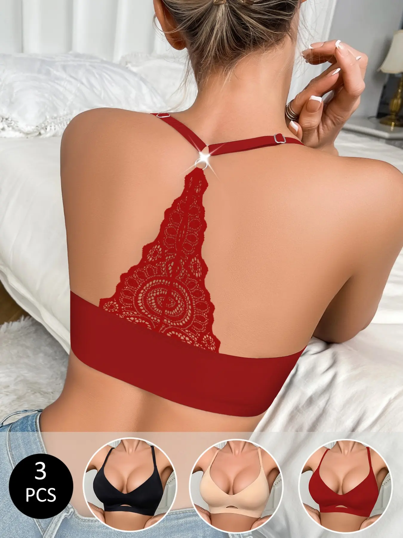 3 Pack Women Lace T-Back Wireless Bralette, Adjustable Thin Strap Medium Support Lined Comfort Bra, Year Round Casual Everyday Undergarment, No Underwire Bralette