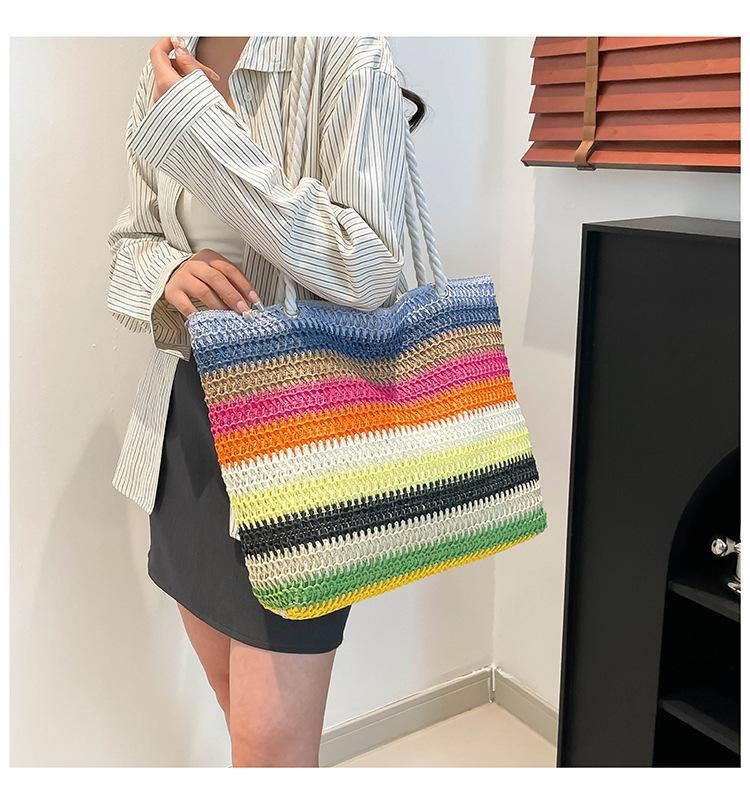 2026 New Women Fashion Shoulder Bag Rainbow Striped Color Block Straw Bag Large Capacity Beach Bag for Vacation