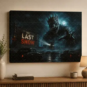 "The Last Show" Gothic Retro Canvas Wall Art, Crowned Monster Print, Rainy Drive-In Movie & Vintage Cars Aesthetic, Living Room Bedroom Office Decor, Dark Fantasy Statement Poster Gift,wall decor,poster.