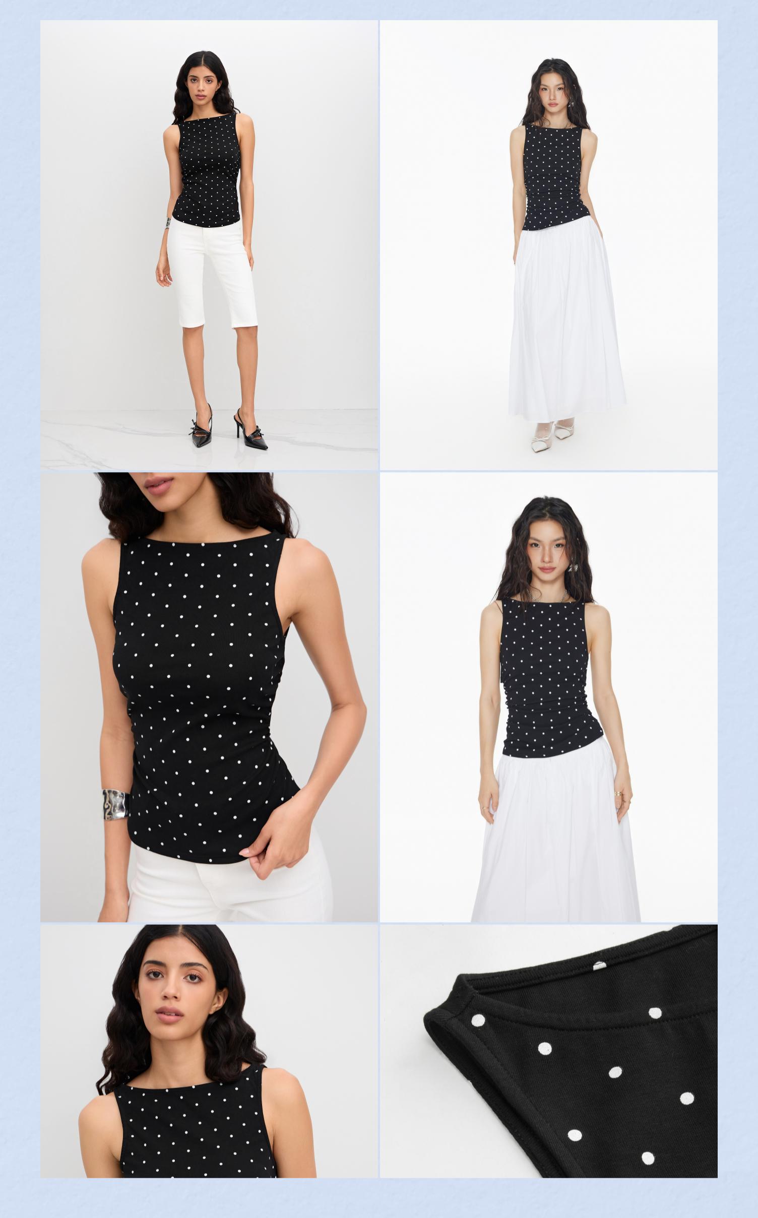 Cider Cotton-blend Boat Neck Knotted Polka Dot Ruched Tank Top