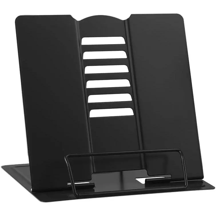 Small Desk Book Stand Metal Reading Rest Book Holder (Black) | Adjustable Cookbook Documents Holder Portable Sturdy Bookstands for Recipes Textbooks Tablet  Books