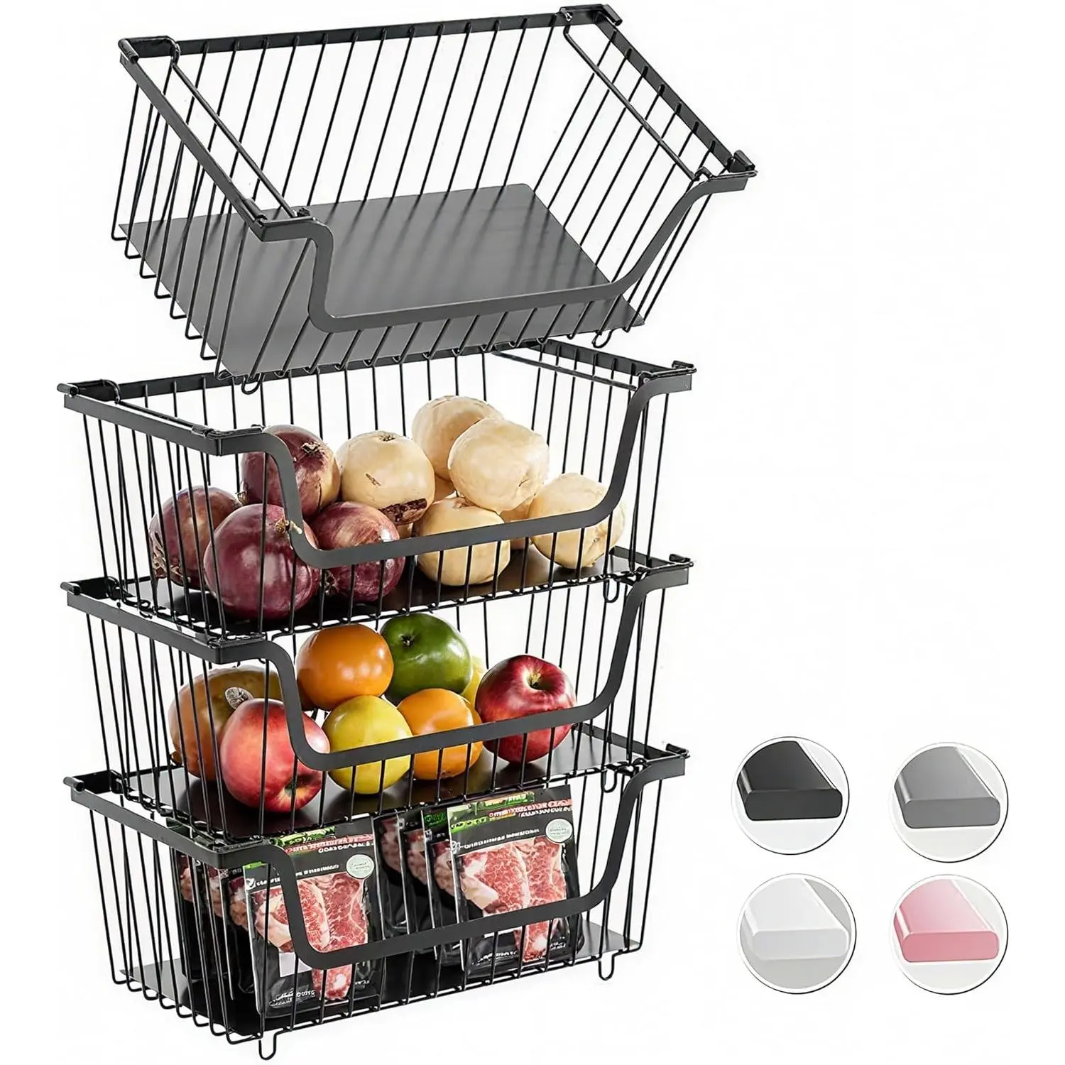 Black 4-Pcs Stackable Stainless Steel Hollow Wire Baskets - Pantry, Countertop Organizers for Vegetables, Fruits, Potatoes, Onions
