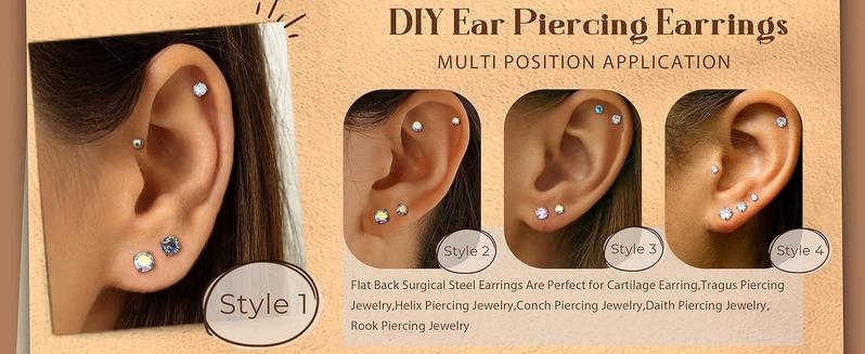 CASSIECA 12Pairs 20G Stainless Steel CZ Stud Earrings for Women Men Cartilage Helix Earrings Set Round Cubic Zirconia Screw Flat Back Stud Piercing