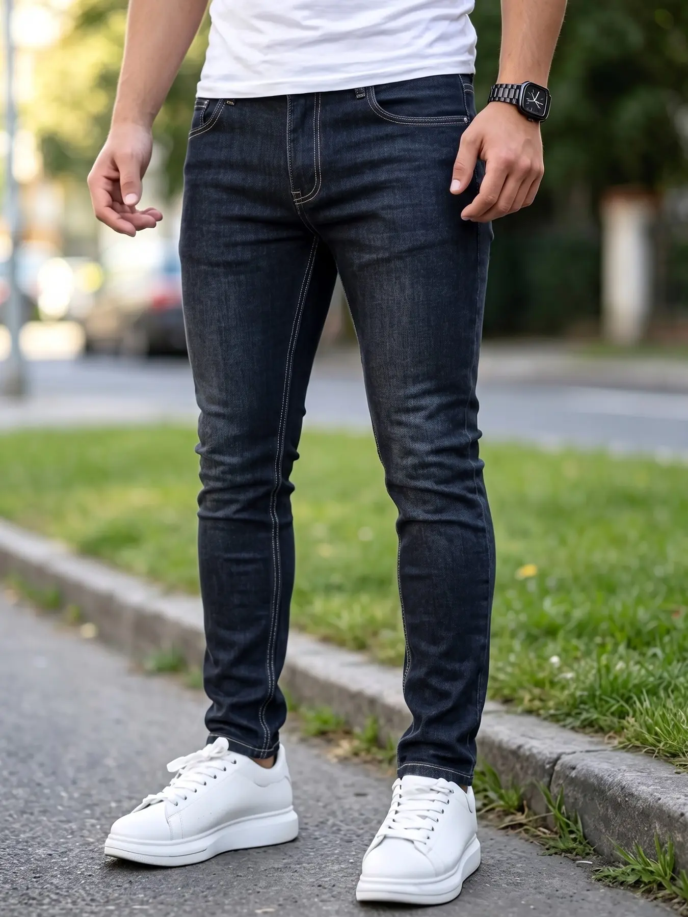 Men's Straight Leg Jeans, Versatile Slim Fit Denim Jeans, Plain Elastic Fabric, Classic Regular Cut, Comfortable Casual Wear