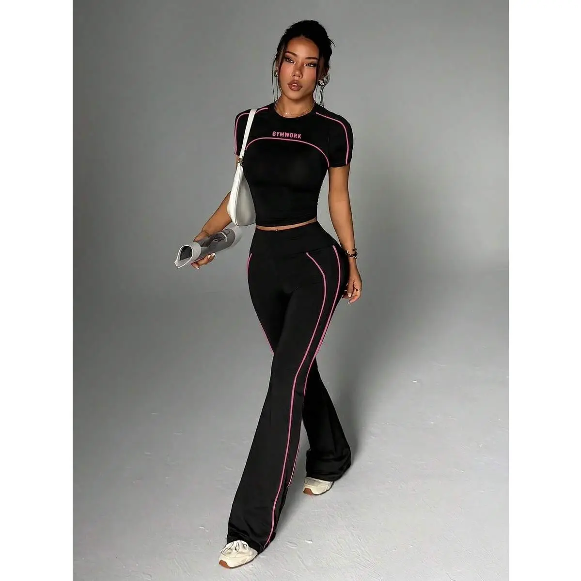 Women's  Fitted Short Sleeve Crew Neck T-Shirt And Flared Leg Pants Set,Seamless,Sports,Bra,Backless,Halter,Crop,Scrunch,Butt,Leggings,stylish,activewear,,daily,outfit,,Insulated,Hunting,Camo,mfvim,woman,,athletic,