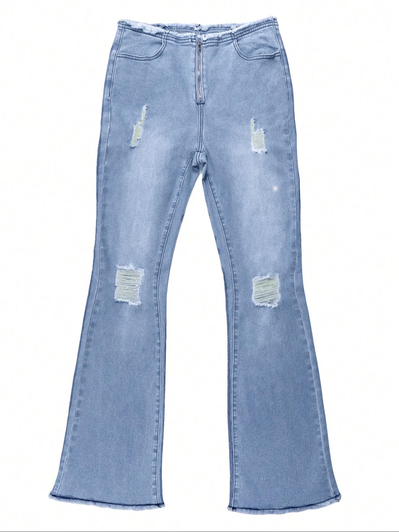 Women's Plain Ripped Flared Jeans, Street Fashion Casual Denim Pants for Daily Wear, Ladies Bottoms for All Seasons