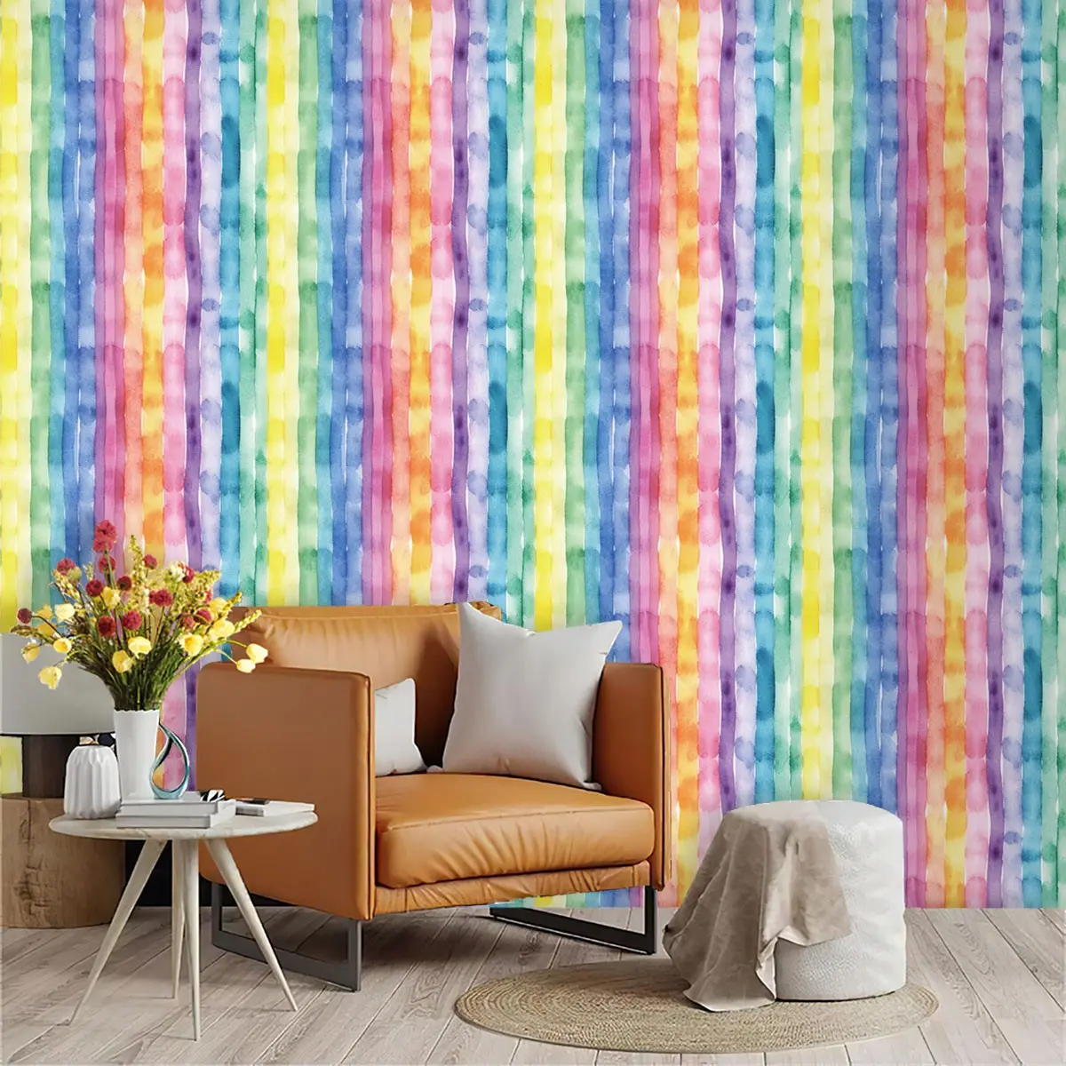 Watercolor Rainbow Vertical Stripes Wallpaper, PVC Material, Self-Adhesive, Ideal for Kitchen/living Room/bedroom, Large Area Decoration