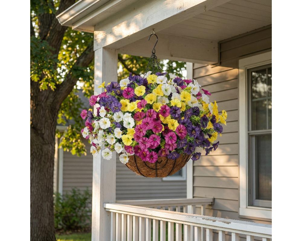 2pcs Artificial Hanging Basket with Morning Glories Faux Flowers in Coco Fiber Liner and Iron Frame Multi-Color Decorative Plant for Balcony, Porch, and Yard Lightweight and Easy to Hang Design Available in Multiple Vibrant Colors