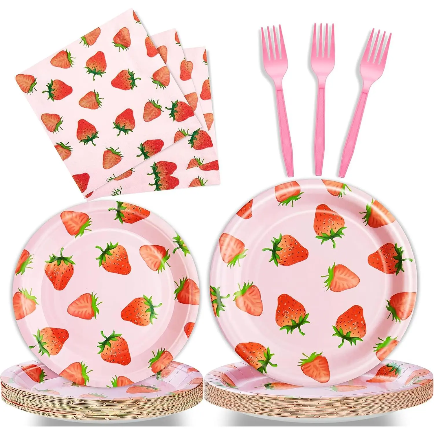 Disposable Strawberry Theme Birthday Party Tableware Set - 96 Pcs Plates, Napkins, Forks Supplies for Girls - Summer Fruit Decoration, Serves 24 Guests