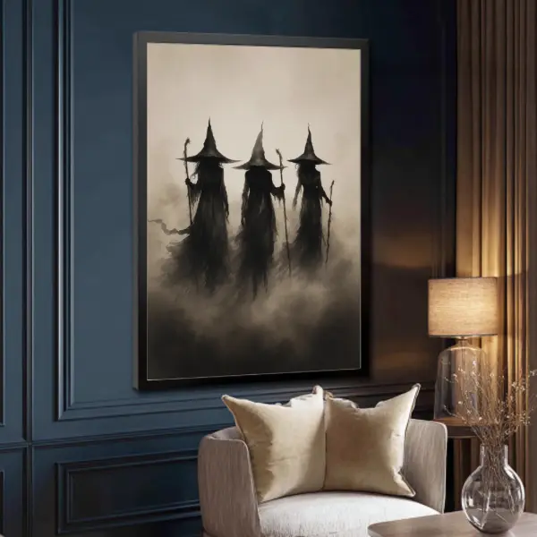 Wooden Framed Canvas Painting, 1-3 Count Mysterious Black-robed Wizards Fantasy Poster, Halloween Decorative Poster, Modern Art Decoration, Home Decoration for Living Room Bedroom, Ornaments