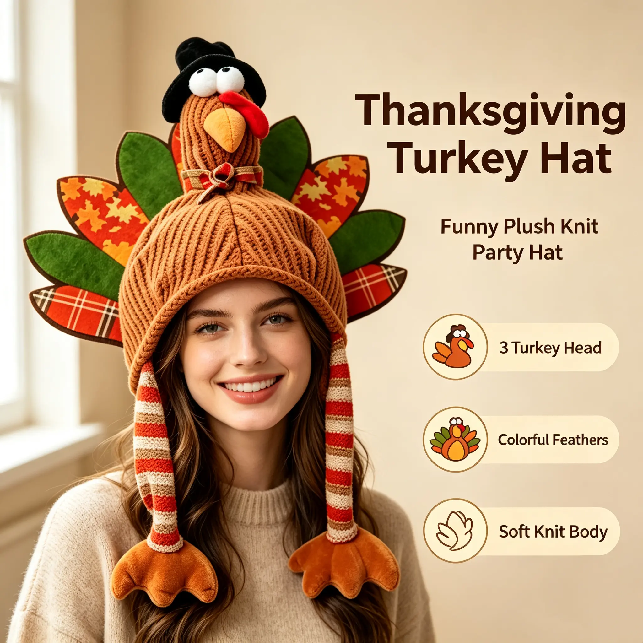 Funny 3D Turkey Knit Hat with Dangling Legs, Fall Thanksgiving Party Costume Hat, Cute Cartoon Plush Turkey Headwear for Halloween Photo Booth, Autumn Holiday Novelty Decor