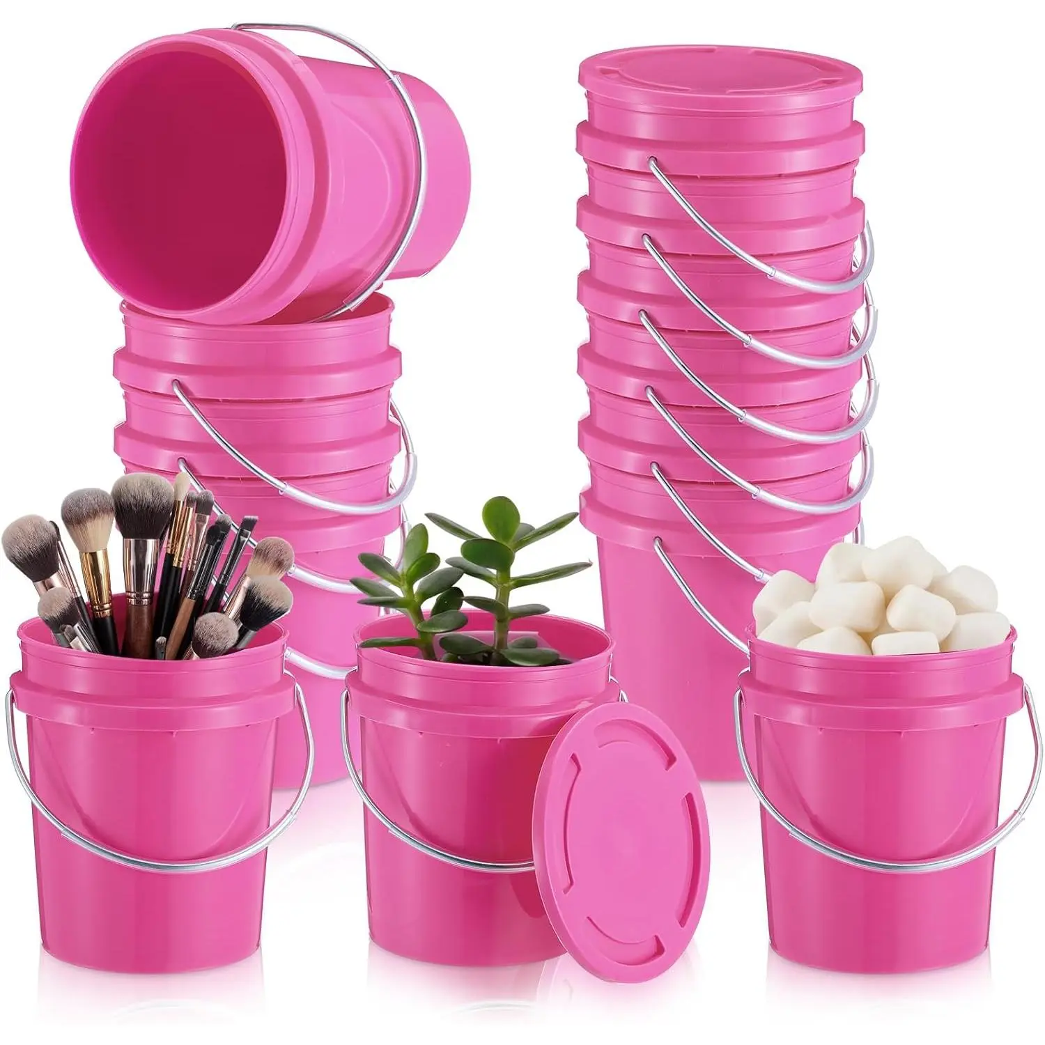 Hushee 12 Pcs Mini Plastic Buckets with Lids, 0.4 Quart Pink Buckets for Party Gift Packaging, Candy Holders Easter Halloween Christmas Candy Treat Snacks Holder Birthday Baby Shower Party Supplies