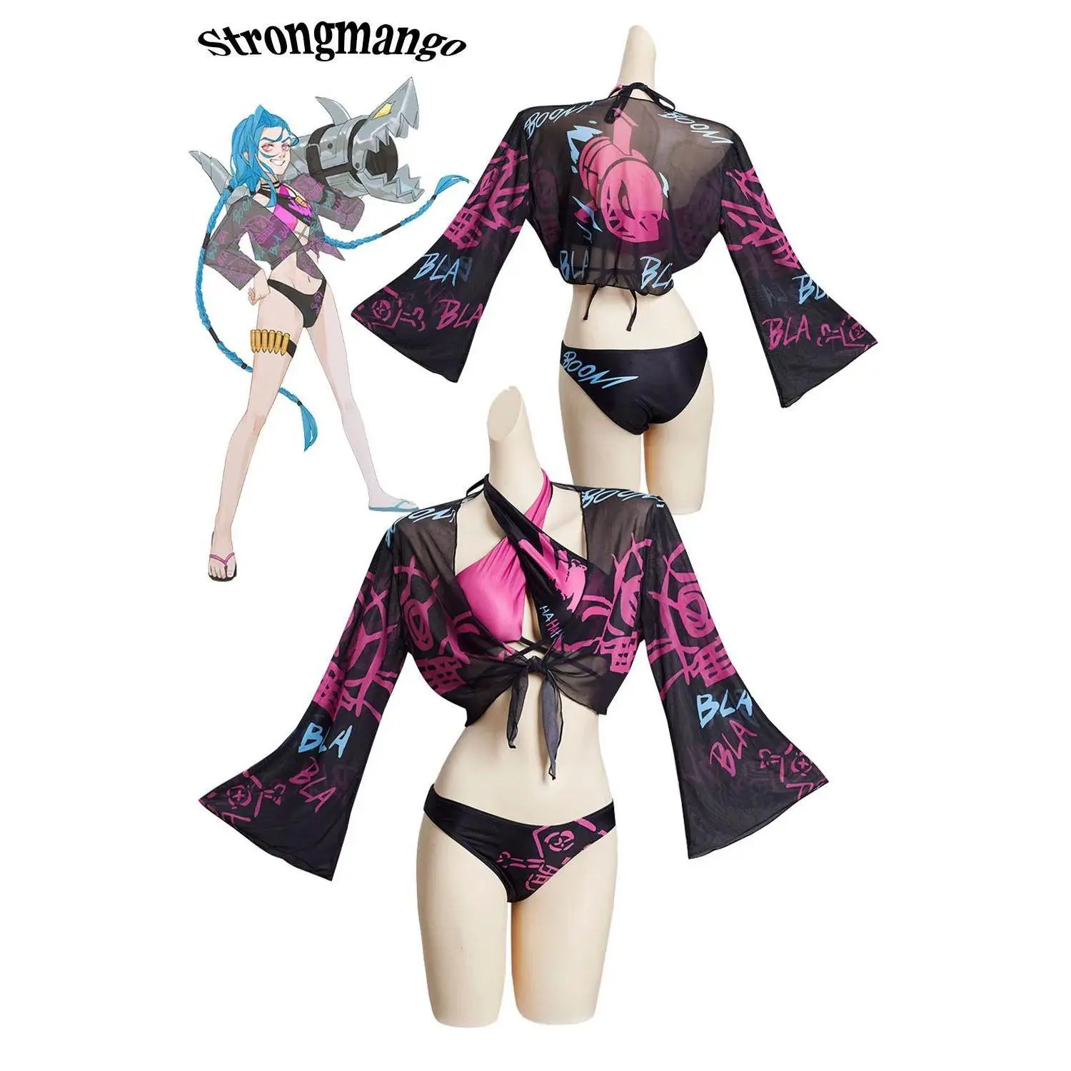 Women's Jinx Theme Polyester Mesh Cosplay Set, 2-Piece Bikini Swimsuit, Halloween Fantasia Outfits, Women's Clothes