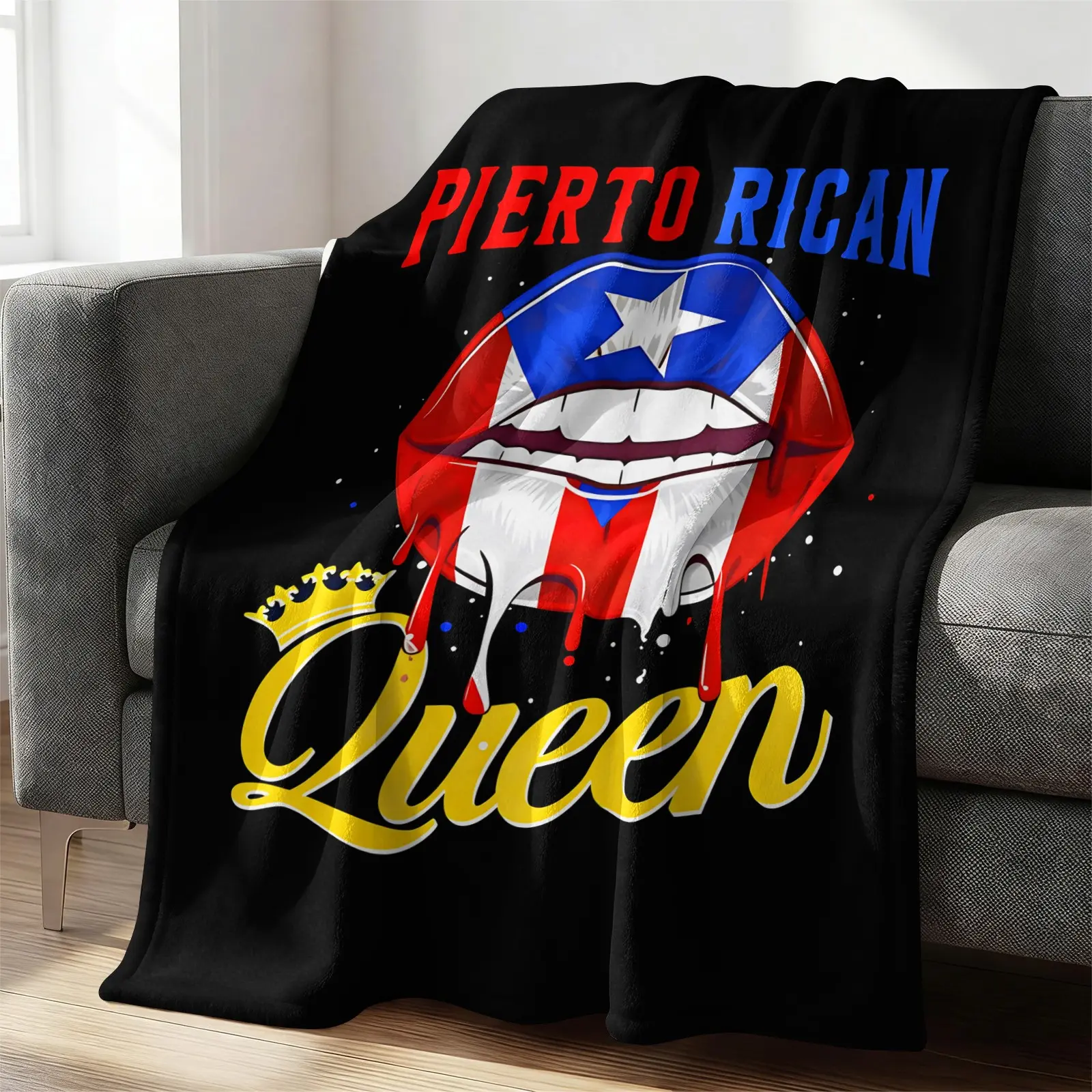 Puerto Rican Queen Lips & Flag Print Flannel Graphic Throw Blanket for Couch, Black Background Puerto Rico Flag Lip Pattern, Soft Cozy Flannel Fabric, Patriotic Puerto Rican Home Decor, Multiple Sizes, Gift for Latina & Boricua Culture Lovers