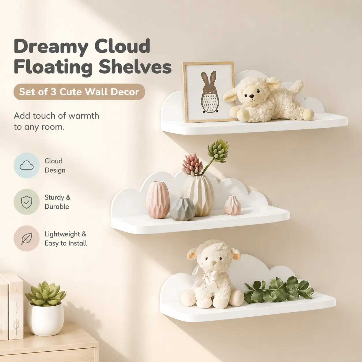Three-Piece Cute Cloud-Shaped Floating Shelf Set, Stable and Lightweight, Easy Installation, Display Board, Home Wall Decor, Room Decor