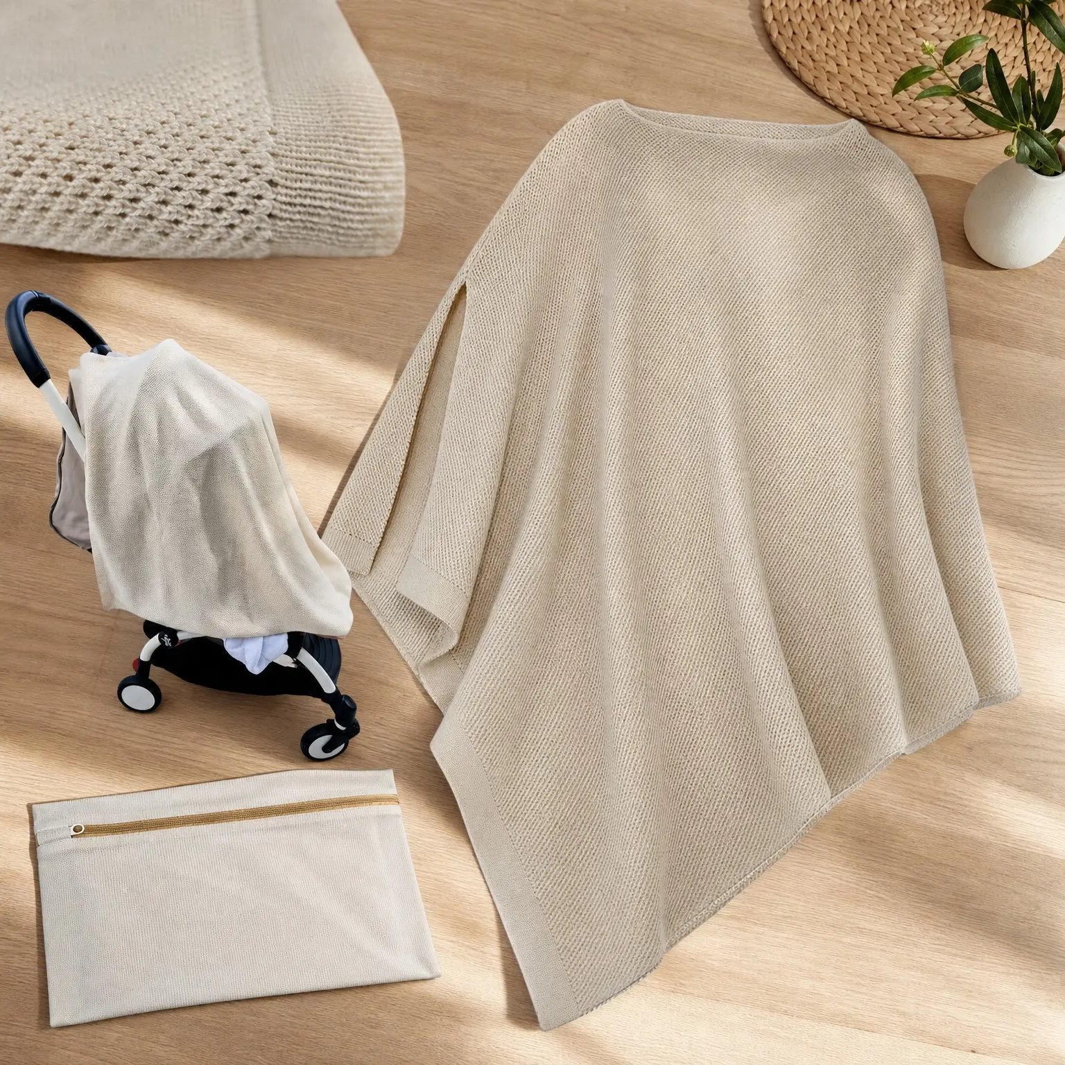 Breathable Organic Cotton & Cashmere Nursing Cover for Breastfeeding, Privacy Peekaboo Feature, Soft Shawl for Women with Laundry Bag (Beige)(Gift)