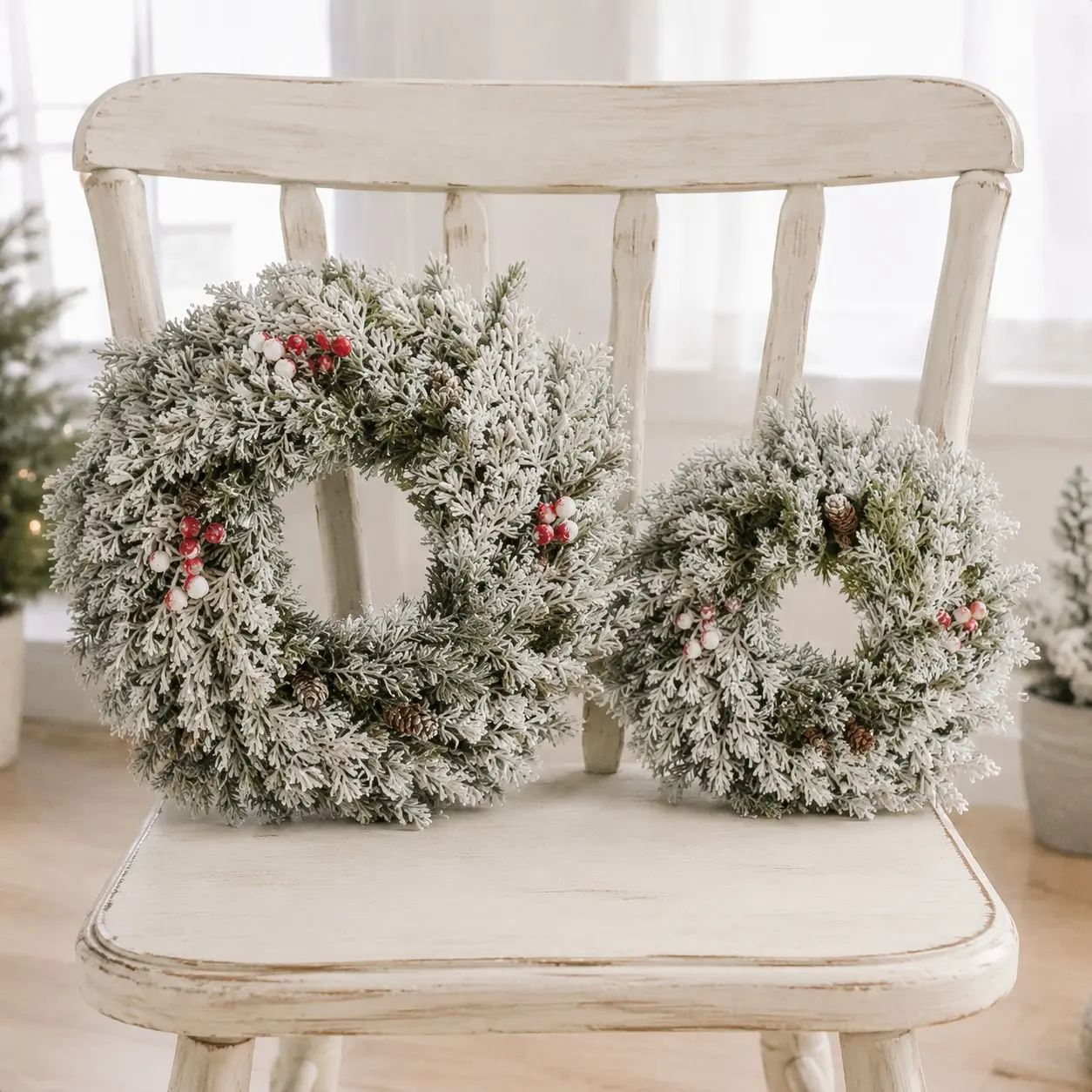 2pcs Artificial Cedar Wreath Set with Berries, Nordic Vintage Snow Scene, Christmas Door Decor, Fireplace, Window Display